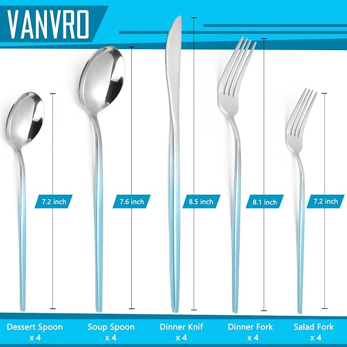 VANVRO Gradient Blue Silverware Set, 20 Piece Stainless Steel Flatware Set, Kitchen Utensil Set include Knife/Fork/Spoon,Cutlery Service for 4,Mirror Polished