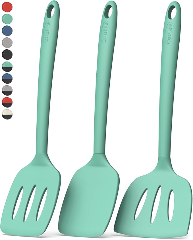 Coukre 3 Pack Silicone Spatula Set, Heat Resistant to 500°F, BPA-Free | Fish Spatula, Solid & Slotted Turners, Dishwasher Safe, Spatula Set for Eggs, Pancakes, Fish & Burgers, PureAquaGreen
