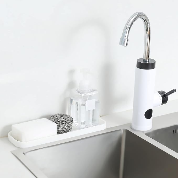 MicoYang Silicone Kitchen Sink Organizer Tray for Multiple Usage,Eco-Friendly Sponges Holder for Kitchen Bathroom Counter or Sink,Dish Soap Dispenser,Scrubber,Bottle,Cup (White, 12"×4")