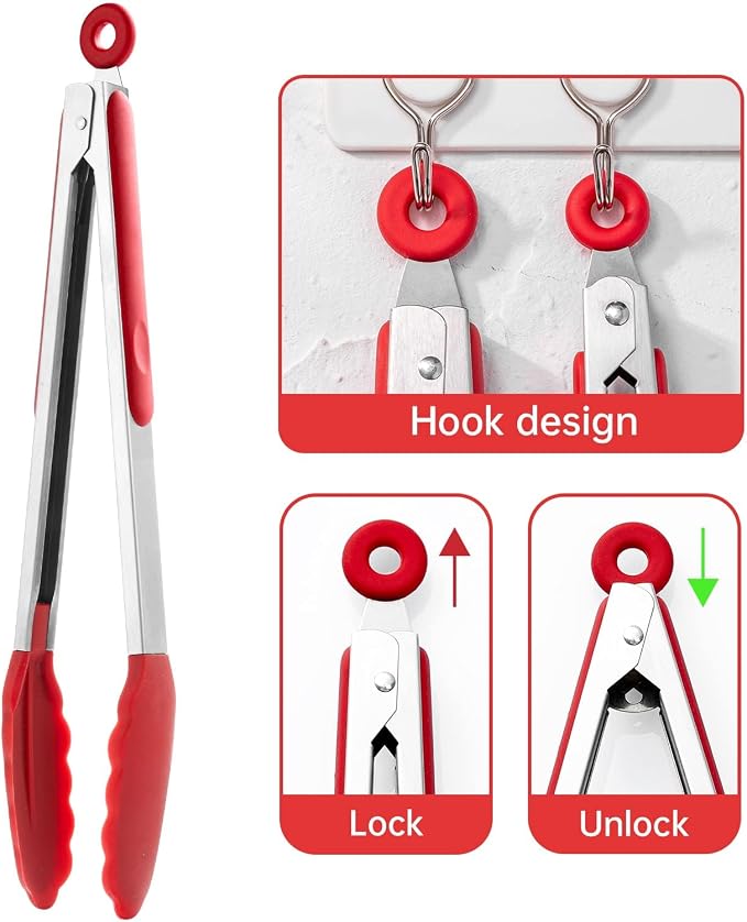12 Inch Kitchen Tongs, Stainless Steel Cooking Tongs with Silicone Tips | For Cooking/Serving/Grilling | Heat-Resistant | Food-Grade Material | Dishwasher Safe | Red