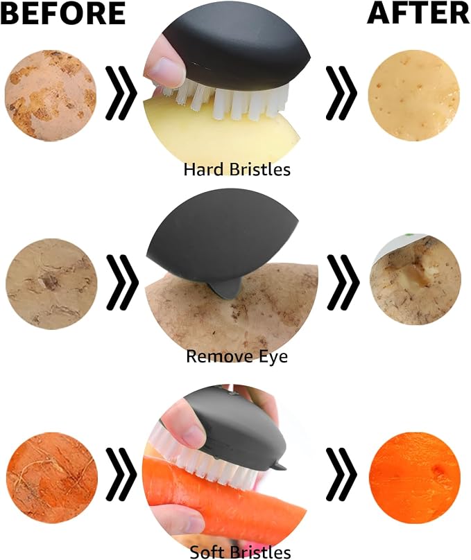 2-Pack Produce Brush for Potatoes, Carrots and Roots, Black | Firm and soft bristles for potatoes, carrots, roots, fruits, greens