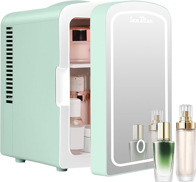 Mini Fridge, 4 Liter /6 Cans Makeup Fridge with Dimmable LED Mirror - Green | Compact Mini Skincare Fridge for Beauty & Beverages, Dual-use Portable Tiny Fridge for Bedroom, Desk, Office, Home, Car, Gift