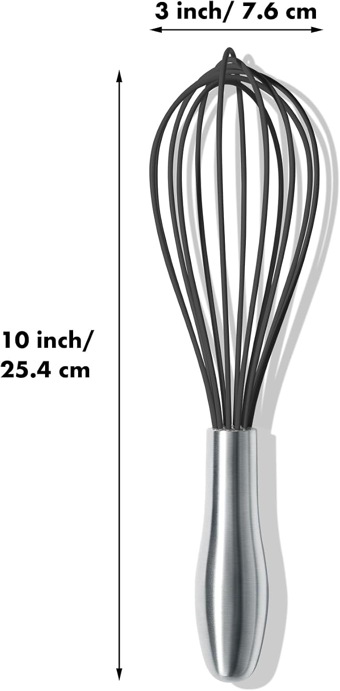 OYV 10-Inch Black Silicone Whisk, Non-Scratch, 18/10 Stainless Steel Handle | 480°F Heat Resistant, BPA-Free Silicone, Sealed Waterproof Handle, Nonstick-Safe, Dishwasher Safe