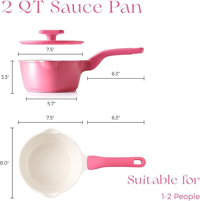 PRICUSIS Ceramic Nonstick Saucepan with Lid, 2 Quart Non Toxic Pot with Pour Spouts, Full Coated, 100% Dishwasher Safe, Induction Compatible, PTFE PFAS & PFOA Free, Raspberry Red