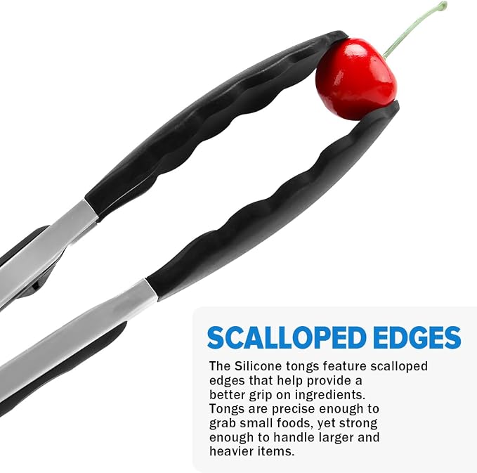 Kitchen Tongs for Cooking, Non Scratch Silicone Tip for Nonstick Cooking Pans, Food Grade Mini Serving Tongs, Pull Lock, Set of 3 (Black, 12 inch)