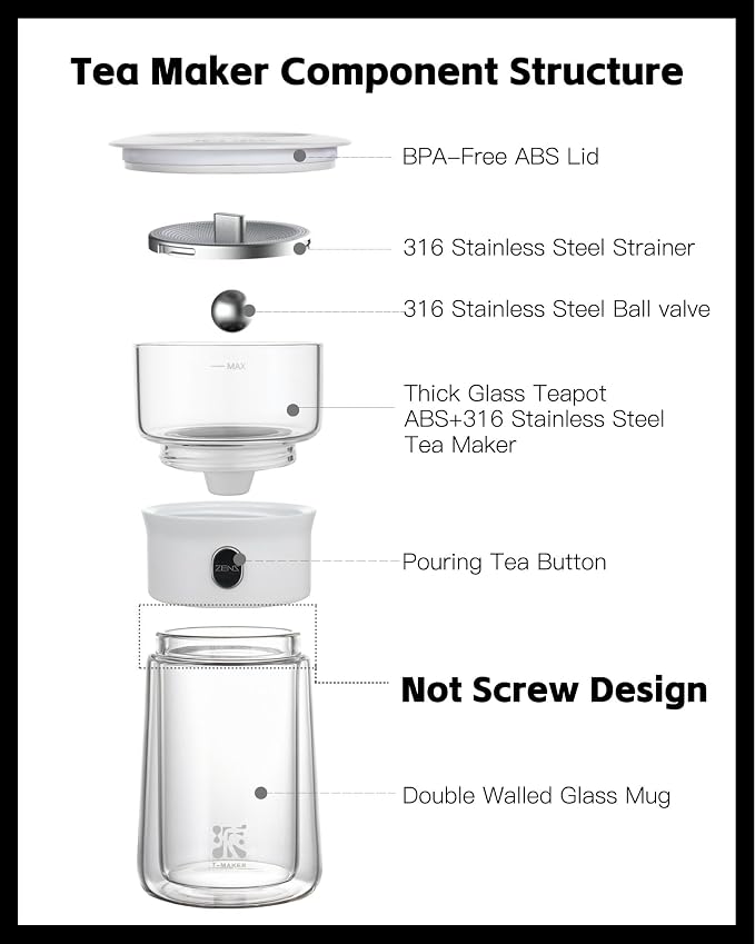 ZENS Modern Glass Infuser Pot, One Touch Tea Maker for Loose Leaf Tea | Glass Teapot with Infuser, Magic Tea Infuser with 6.7oz Insulated Mug and Portable Case for Tea Lovers Gifts