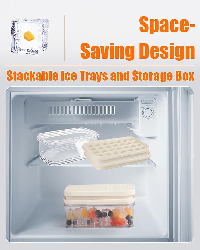 Brigii Ice Cube Tray with Lid & Storage Bin, 56 Cubes Ice Trays for Freezer | Silicone bottom easy release, press-to-pop, 2 trays 56 cubes, storage bin and scoop, BPA-free, stackable, for whiskey