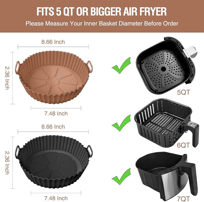 2 Pack Air Fryer Silicone Liners for 5 QT or Bigger,Silicone Air Fryer Liners Inserts,Replacement of Flammable Parchment Paper,Reusable Baking Tray Oven Accessories,Brown+Blk(Top8.66in, Bottom7.48in)