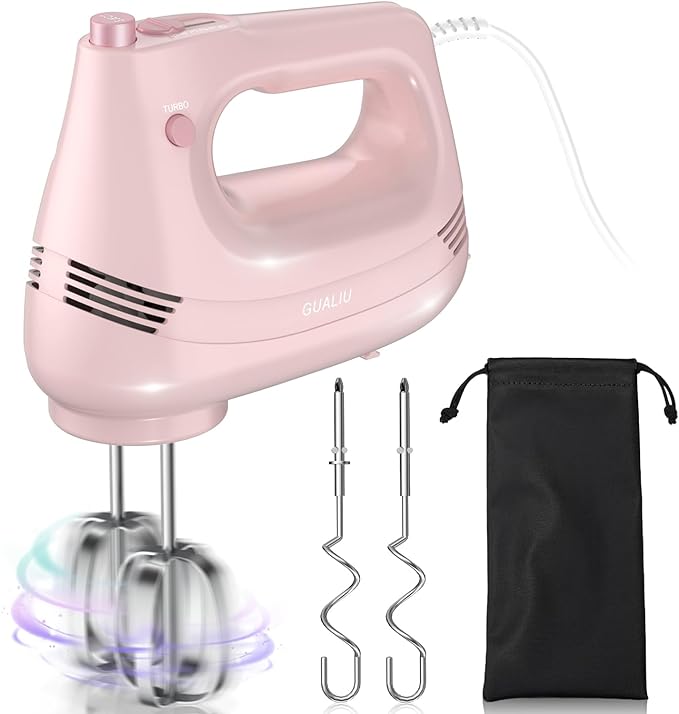 GUALIU Electric Hand Mixer, 304*(2* Beaters, 2* Dough Hooks), (1* Storage Bag) Handheld Mixer for Baking Cakes, Eggs, Cream Food Mixers, Turbo Boost /5 Speed Kitchen Blender PINK
