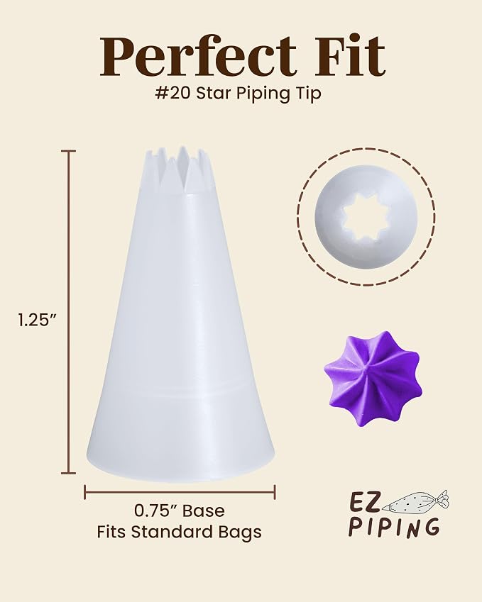 Reusable Plastic Piping Tips, Nozzles Standard Size Star Tip #20 (20pcs) | EZPiping Icing Nozzles with 2 couplers for Cake Decoration and Dessert Design, Baking Supplies Base Ø 0.75" Height 1.25"
