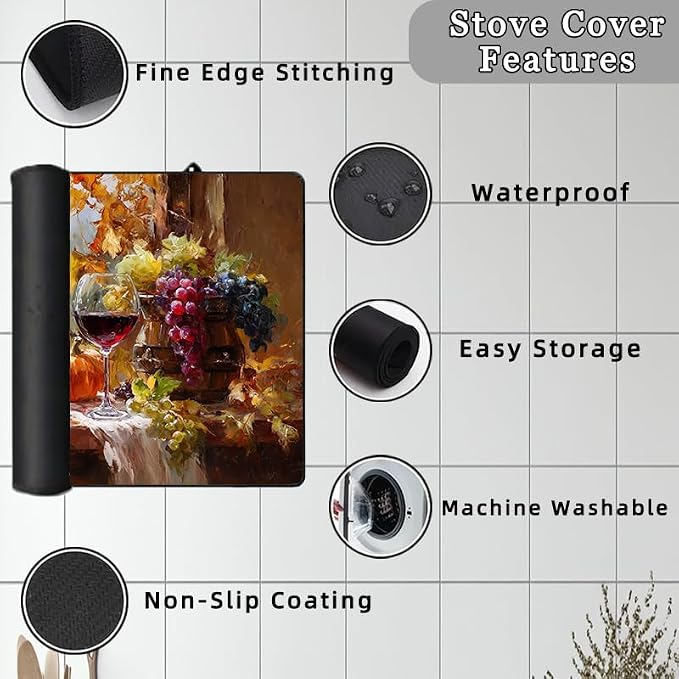 Autumn Stove Top Cover for Electric Stove,The Harvest Season Glass Top Stove Cover Protector,Red Wine Glasses Glass Cooktop Covers Pumpkins Kitchen Flat Electric Stove Top Covers