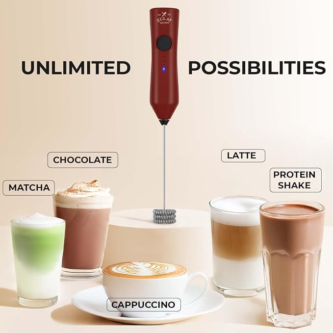 Zulay Kitchen Rechargeable Milk Frother Handheld - Frother Wand, Drink Mixer, Electric Whisk Frother, for Cappuccinos, Matcha & Protein Powder - Dynamic 3 Whisk, 3 Speed 500mAh Red Black
