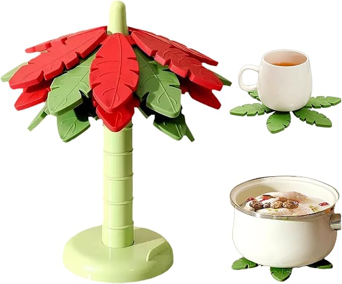 Silicone Trivets for Hot Dishes and Pans, Heat Resistant Tree-Shaped Pot Holders (Set of 4) BPA Free, Non-Slip Kitchen Trivet Mats, Elegant Christmas Design for Countertops & Dining Tables Red