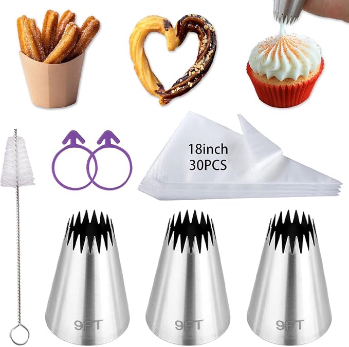 3PCS 9FT Large Churro Piping Tips and Bags Set for Eclairs,Butter Cookies | eclair piping tip,with 30Pcs18Inch Large Piping Bags,Large Open Star Pastry Tip,Churros maker,Cupcake Decorating tip