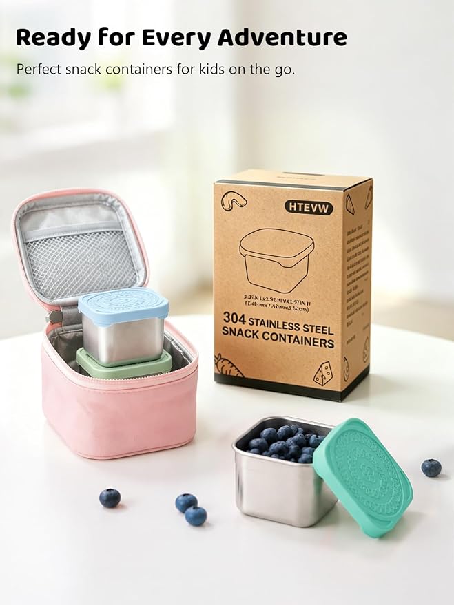 HTEVW 6 Pack Stainless Steel Snack Containers for Kids, 6 oz Food Container | Reusable leak resistant silicone lids food containers . Perfect for school lunch, daycare, travel and portion control.