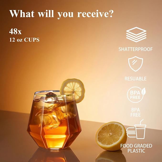 BESTSTAR 96 Pack Gold Rim Plastic Wine Glasses Set,BPA-Free Shatterproof | 48 9 OZ Stemless Champagne Flutes & 48 12OZ Diamond Wine Whiskey Glasses, Clear Drinkware for Weddings, Parties & Events
