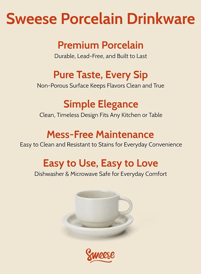 Sweese Porcelain Cappuccino Cups Set - 8 oz Stackable Coffee Mugs with Saucers, Metal Stand, Dove Grey, Set of 4