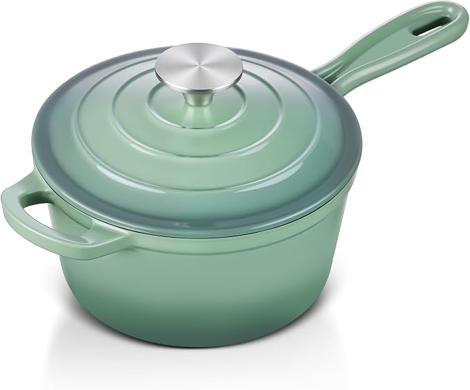 Leonyo 1 Quart Cast Iron Saucepan, Small Dutch Oven Pan, Pistachio Green | For All Kitchen Cooktops Cooking Pasta, Soup, Egg, Up to 500°F & 4.4Lbs