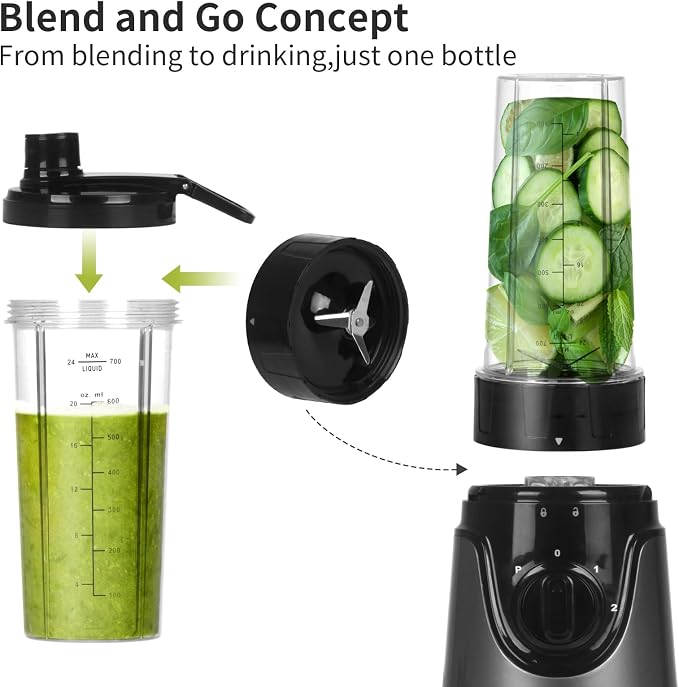 La Reveuse Personal Size Blender with 24oz. To-Go Cup, 300W, Gray, LARB2201 | Making Protein Shakes, Smoothies, Seasonings, Portable BPA-free Cup with (1) Spout Lid, 2 Speed Pulse Switch, Dishwasher Safe