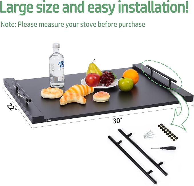 Noodle Board Stove Cover with Extended Handles-Wood Stove Top Covers for Electric Stove Kitchen Sink Cover Serving Tray, Decorative Tray for Kitchen Black (29.92"x22.05")