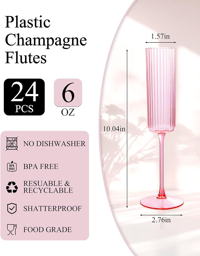 Ciaell 24 Pack Pink Plastic Champagne Flutes for Mimosa Bars | 6 oz Pink Long Stem Vintage Ribbed Mimosa Glasses, Heavy Duty Plastic, Champagne Mimosas Wine Cocktails for Weddings Parties