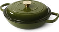Vintage Style 3 Quart Enameled Cast Iron Braiser, Non Stick Enameled Cast Iron Skillet with Lid, Dutch Oven Skillet with lid up to 500°F for Oven, Stove, Grill, Shallow Dutch Oven for Cook, Bake (Golden Green)