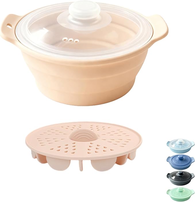 42oz Silicone Microwave Food Steamer with Steam Basket, Collapsible Steamer for Cooking Vegetable, Seafood, Dumplings, Rice Cooker, BPA Free Small Steam Pot with Handle & Lid, Dishwasher Safe (Pink)
