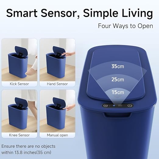 TIPGO 5 Gallon Automatic Bathroom Trash Can with Lid, Blue, Touchless | Motion Sensor, Slim Smart Garbage Bin, Plastic Wastebasket, Battery Operated, Manual Button, for Bedroom, Office,RV