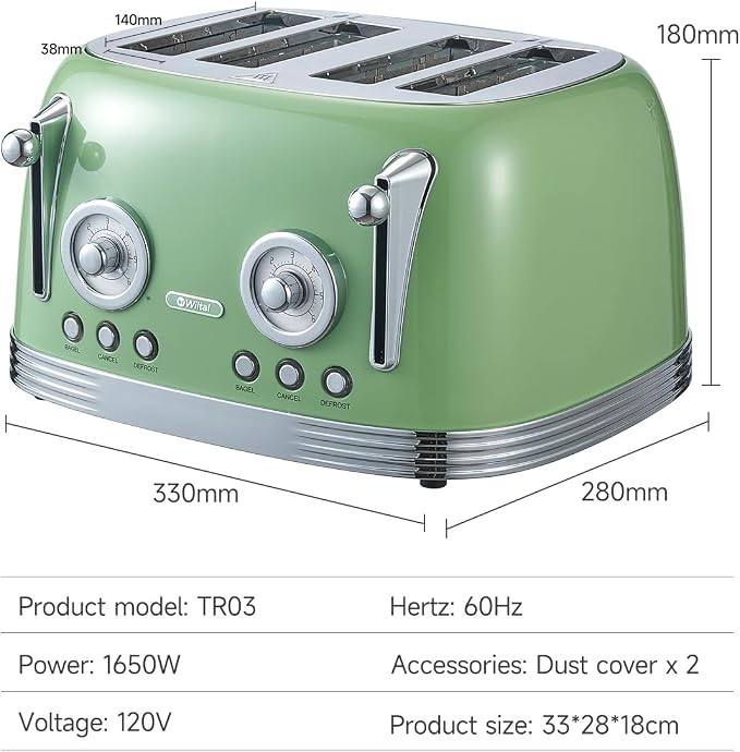 Wiltal 4 Slice Toaster, Retro Green Toaster, Bagel, With Stainless Steel Lid. Reheat, Defrost and Cancel Functions, Countdown Function, 6 Browning Levels, Stainless Steel Material, TR03