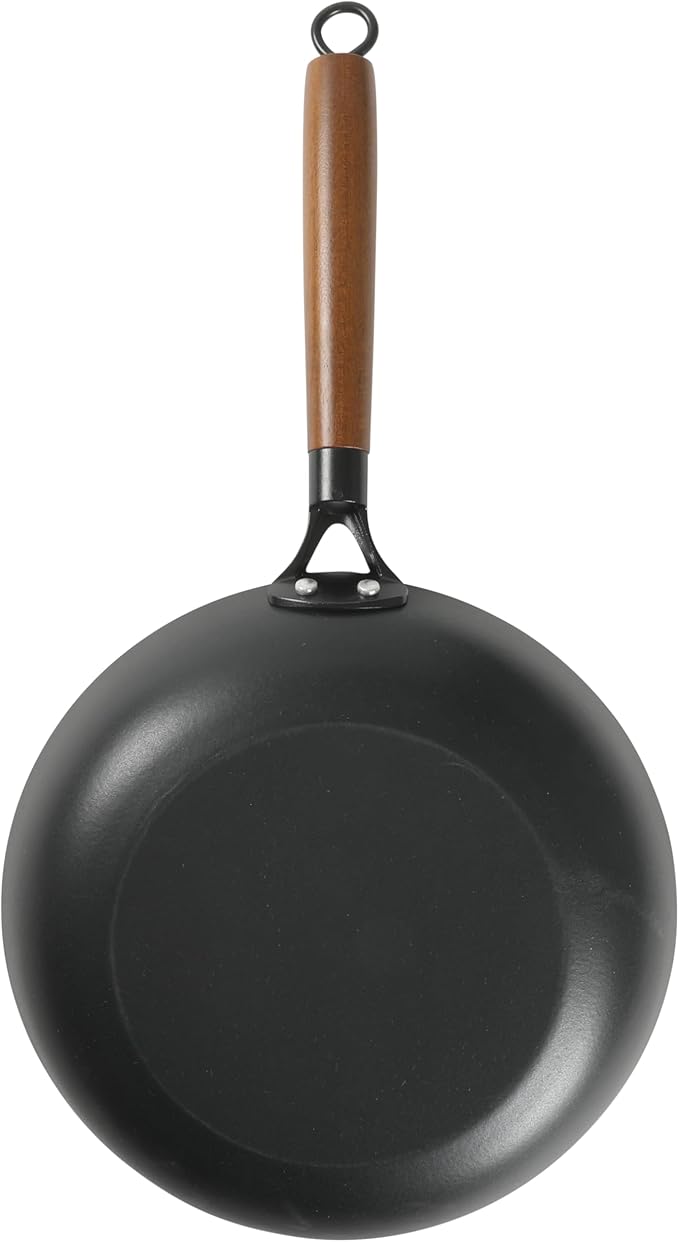 Babish 11 Inch Cast Iron Skillet with Wooden Handle, Pre-Seasoned Nonstick Pan with Honeycomb Textured Cooking Surface, Induction Oven Safe Skillet for Searing, Frying Eggs, Steak and Stir Fry
