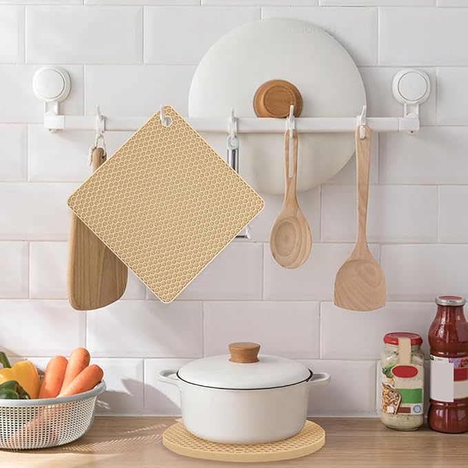 4 Pack Silicone Trivets for Hot Pots and Pans, Pot Holders Hot Pads, Non-Slip & Heat Resistant Silicone Mats for Kitchen Counter, Soft Durable Drying Mat, Jar Opener and Coasters (Beige)