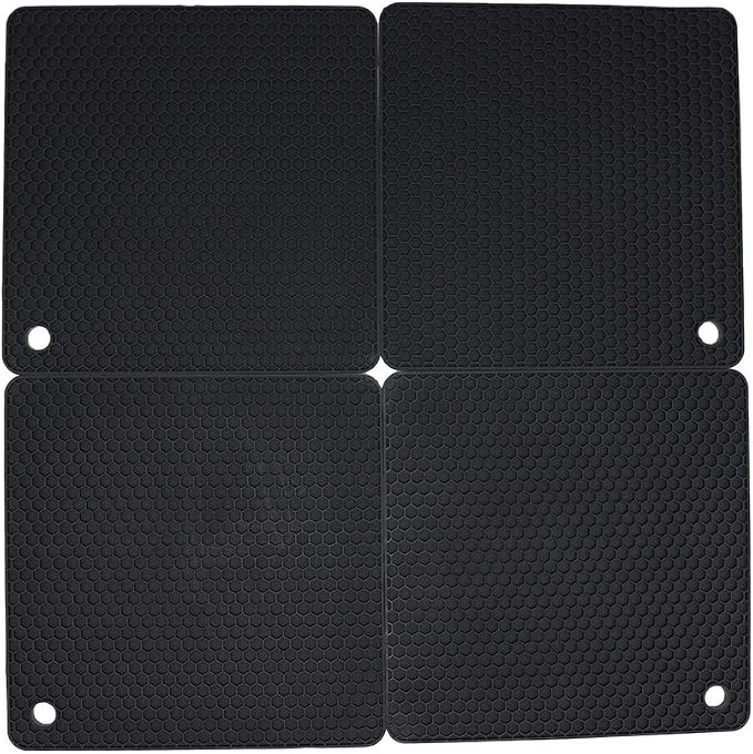 Silicone Trivets for Hot Dishes, Pots and Pans, Hot Pads for Kitchen, Black Silicone Pot Holders Mats for Kitchen Counter, Non Slip Heat Resistant Mat, Flexible Trivet Mat Set 4