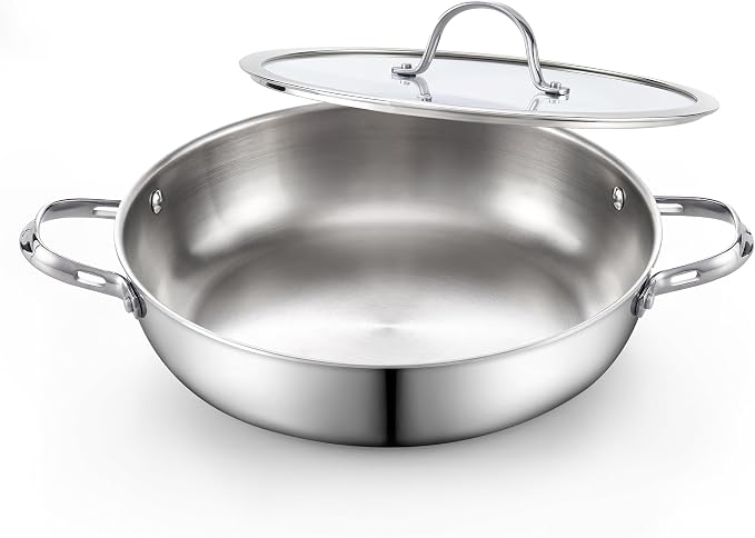 Cooks Standard Multi-Ply Clad 12-Inch Stainless Steel Wok Stir Fry Pan with Glass Lid, Large Stainless Steel Deep Frying Pan, Everyday Chef's Pan Flat Bottom Wok Induction Cookware