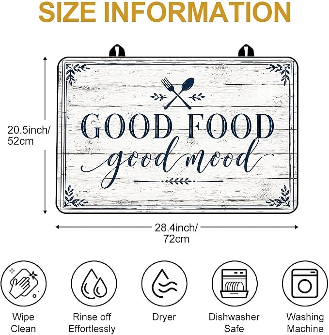 Good Food Good Mood Farmhouse Stove Top Cover Electric Gas Stove | Modern farmhouse kitchen decor; non-slip stovetop cover, glass cooktop noodle board, rustic country counter mat with quote