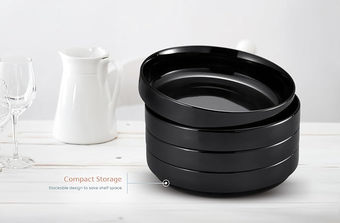 KooK Pasta Bowl, Bowl Plate, Low Bowl, Plate Bowls, Ceramic Large Shallow Bowls, Microwave and Dishwasher Safe, Great for Soups and Salads, Glossy Porcelain, 47 oz, Set of 4, Black