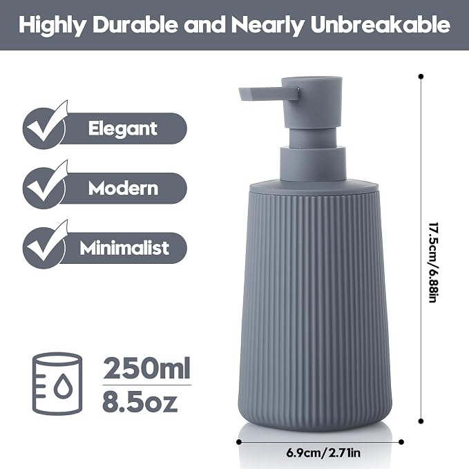 YAUKPH Small Soap Dispenser for Bathroom and Kitchen Matte Gray | Modern Farmhouse Striped Style Plastic Hand Soap Dish Soap Dispenser with Pump