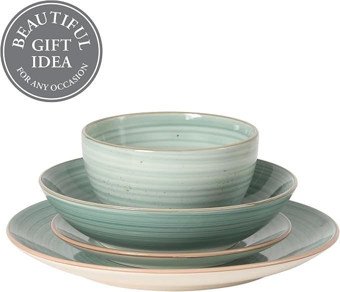 Gibson Home Stonebury 16 Piece Plates and Bowls Teal Dishes - Handpainted Stoneware Dinnerware Set - Service for 4