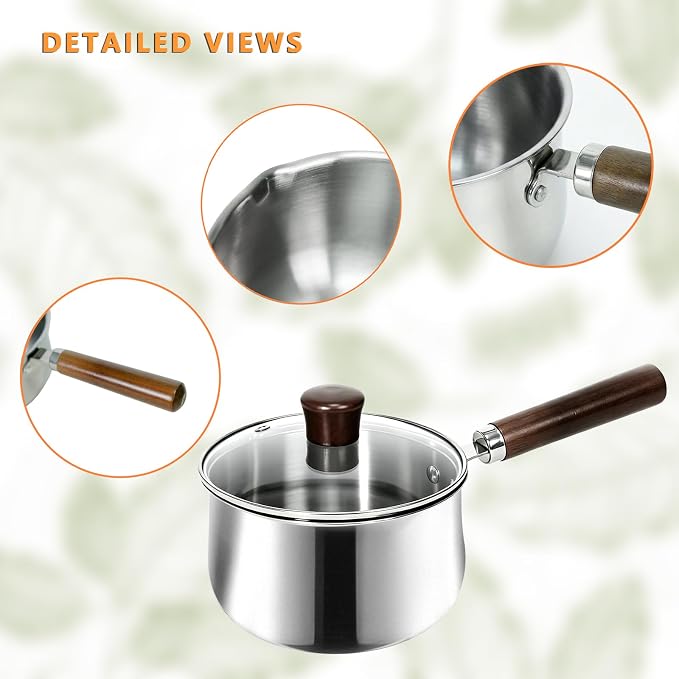 GREATLINK Small Sauce Pan with Lid and Wooden Handle for Cooking - 1 Quart Stainless Steel Saucepan with Pour Spout for Heating Milk, Melting Chocolate, Warming Sauces - Small Pot for All Cooktop