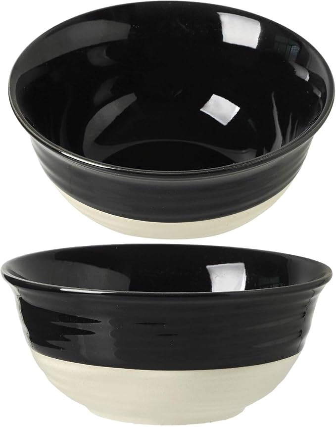 HASENSE Large Porcelain Serving Bowls Set of 2, 60 Oz 8.5 Inch Black & Beige Stoneware Mixing Bowls, Farmhouse Bowls for Salad, Soup & Pasta, Dishwasher & Microwave Safe