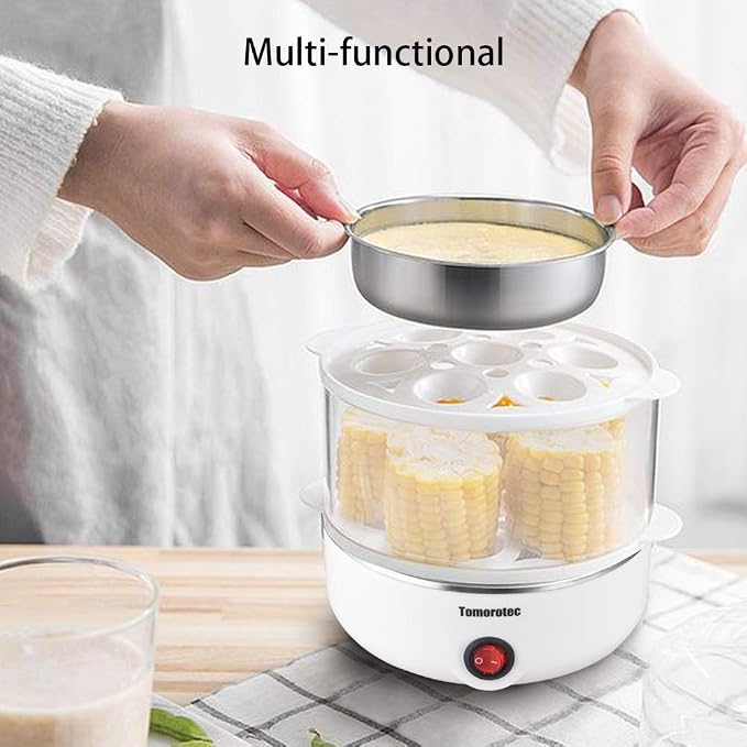 Tomorotec 14 Egg Cooker, Electric Hard Boiled Egg Boiler & Poacher, Steamer | 2-Tier Auto Shut-Off, for Vegetables, Seafood & Dumplings, Stainless Steel Plate, BPA Free, See-Through Lid, Easy Clean