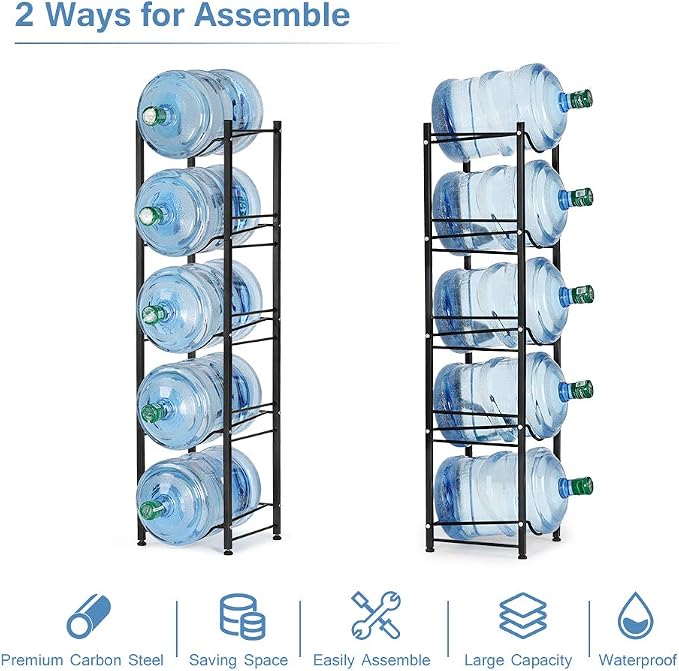 Water Cooler Jug Rack Dispenser 5 Tier Heavy Duty Detachable Metal Water Bottle Storage Shelf Organizer for 5 Gallon Water Jug Holder for Home Office Kitchen Breakroom