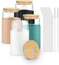 Glass Cups with Lids - 16 oz Glass Drinking Cups Set with Silicone Sleeves | Anti-Slip, Bamboo Lids, Iced Coffee Cup, Home Essential, Coffee Bar Accessories, Glass Tumbler, Reusable, Matcha Cup