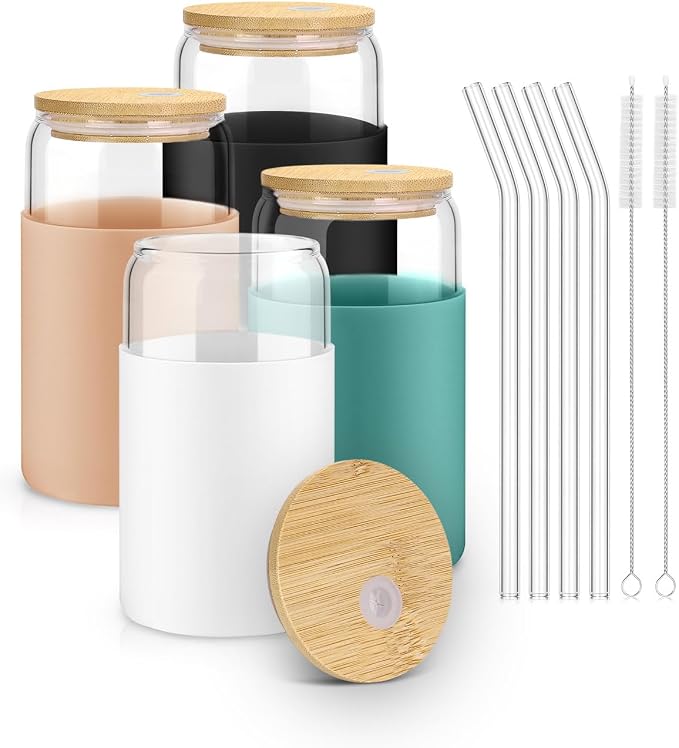 Glass Cups with Lids - 16 oz Glass Drinking Cups Set with Silicone Sleeves | Anti-Slip, Bamboo Lids, Iced Coffee Cup, Home Essential, Coffee Bar Accessories, Glass Tumbler, Reusable, Matcha Cup