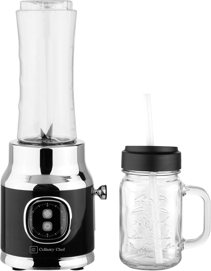 Culinary Chef, 300W Smoothie Maker Blender with 500ml Glass Mason Jar & 600ml BPA-Free Sports Bottle, Personal Smoothie Blender for Smoothies, Shakes, Frozen Fruit & Ice, Black