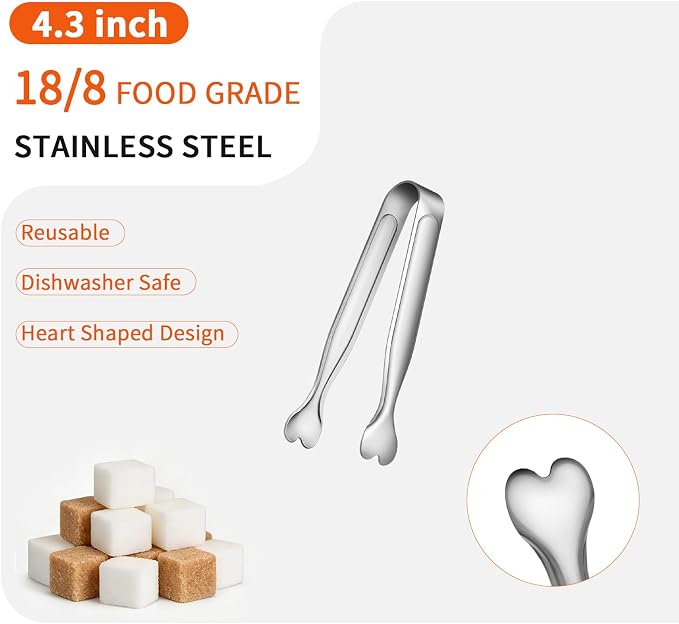 6 Pcs Mini Serving Tongs, 4.3 Inch Heart-Shaped Small Ice Tongs, Food Grade Stainless Steel Silver Tongs for Sugar Cube, Appetizers, Dessert, Tea Party, Home Kitchen, Coffee Bars, Dishwasher Safe