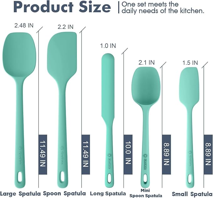 ChefAide 5 Pieces Silicone Spatula Set, Food Grade Rubber Spatula, Upgrade Strong Handle with Ergonomic Grip, Heat Resistant Up to 600°F for Nonstick Cookware, Cooking