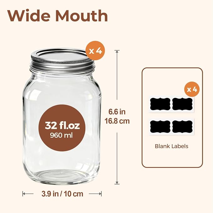 ComSaf 32 oz Wide Mouth Mason Jars 4 Pack Large Glass Jars with Lids | BPA-Free Materials, Quart Size, Chunky Salsa, Canning Pickling Sauce, Meal Prep Salad, Sourdough, Jam Jelly, Meal Prep
