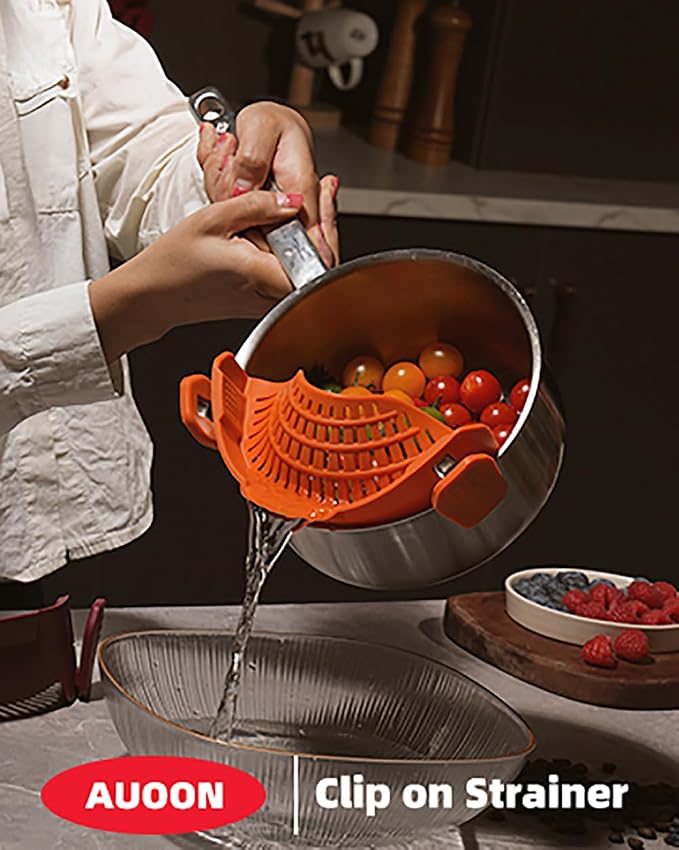 AUOON Pot Strainer Clip on Silicone, Large 10.45 x 4.33 in, Red | Fits Pots Pans Bowls, Dishwasher Safe, for Pasta Noodles Vegetable Fruits, Space-saving Kitchen Gadget