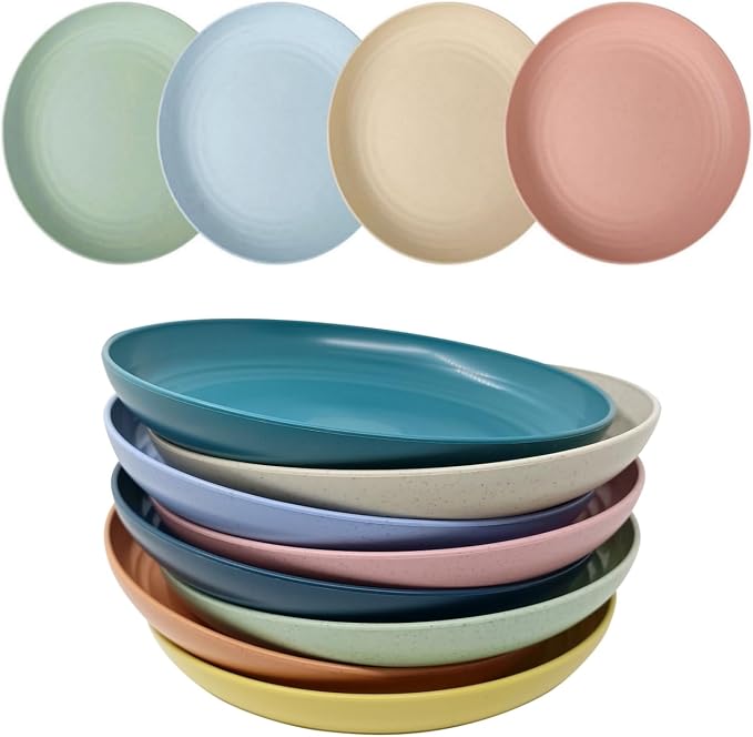 CAMBUY Wheat Straw Plates 8 Pack 8 Inch Reusable Large Dinner Plate Set | Unbreakable Lightweight Dishwasher & Microwave Safe Daily Use Dinner Dishes for Kitchen Outdoor Camping