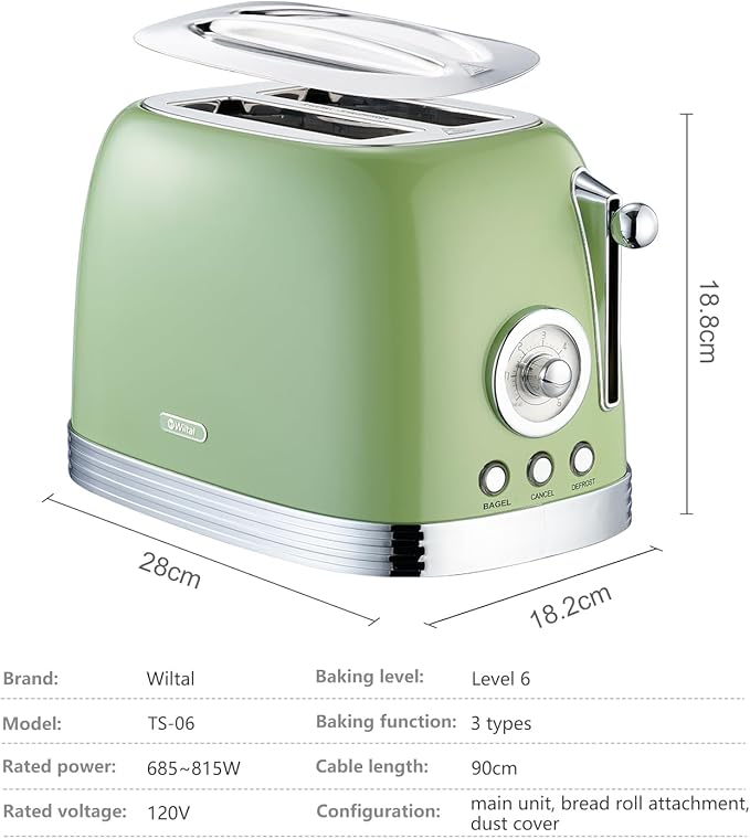 Wiltal Green Cute Retro Toaster 2 Slice with 1.58" Wide Slots, with Stainless Steel Lid, with Warming Rack, Preheat, Defrost, Countdown Timer Display
